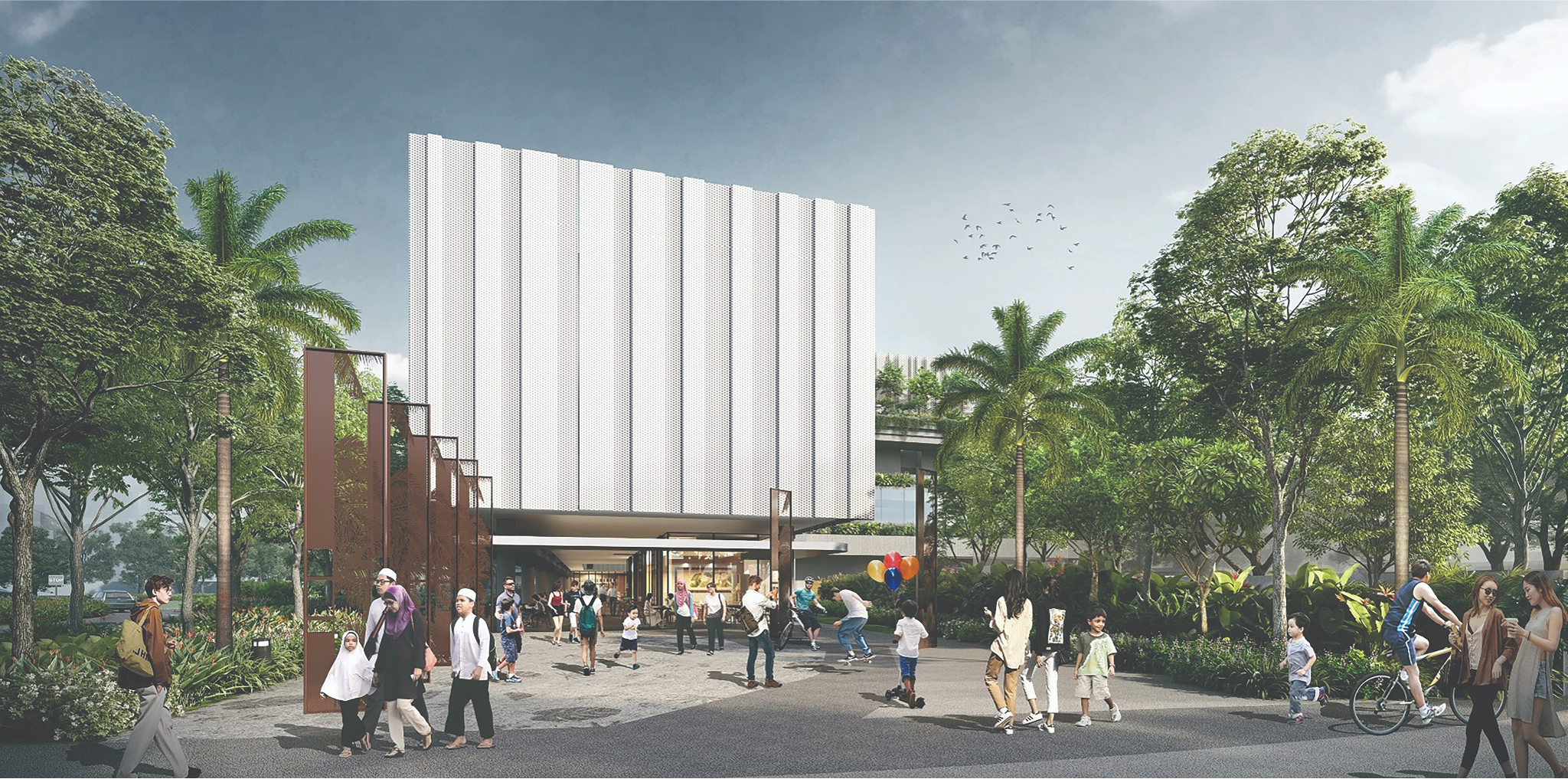 Architectural rendering of a modern building with a textured white facade, surrounded by lush greenery and people.